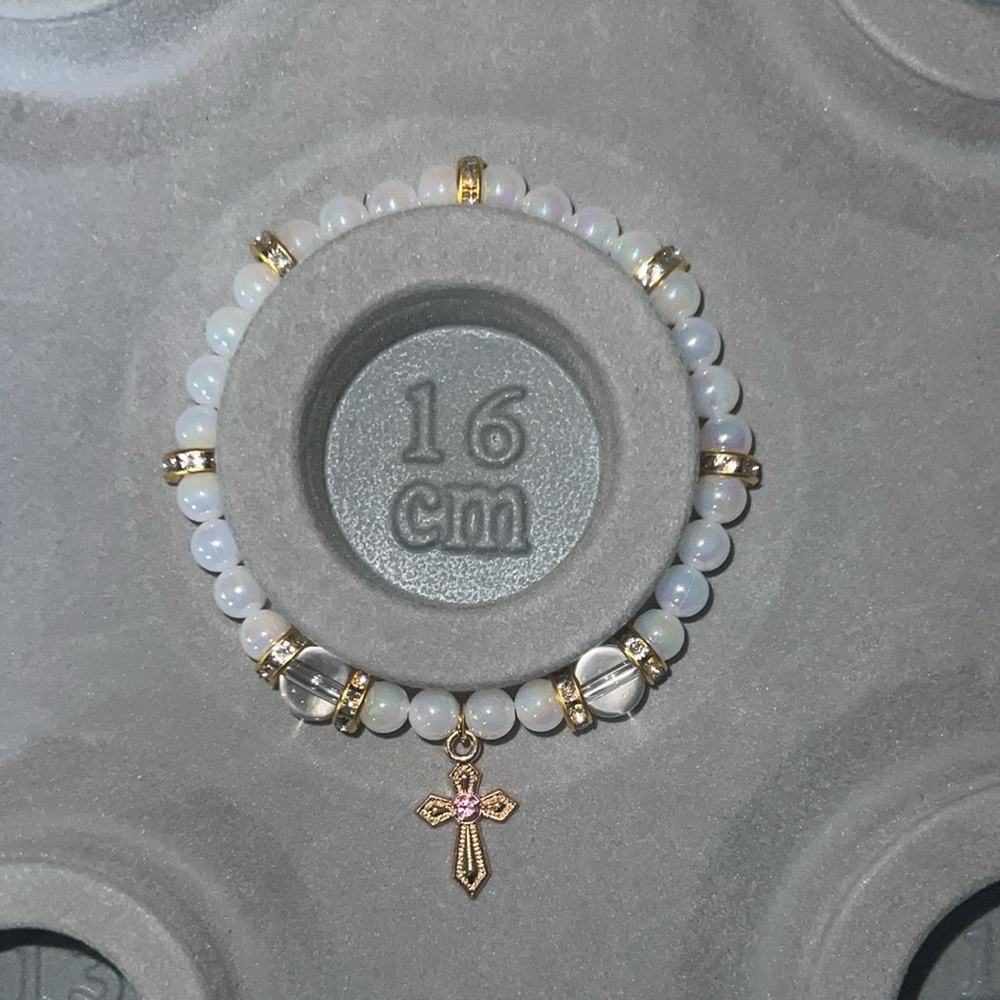 Elegant Gold and White Beaded Bracelet with Cross Pendant